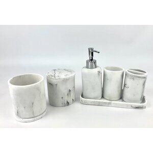 New Bathroom Accessories Set 6 Pcs - White Marble Design Toothbrush Holder
